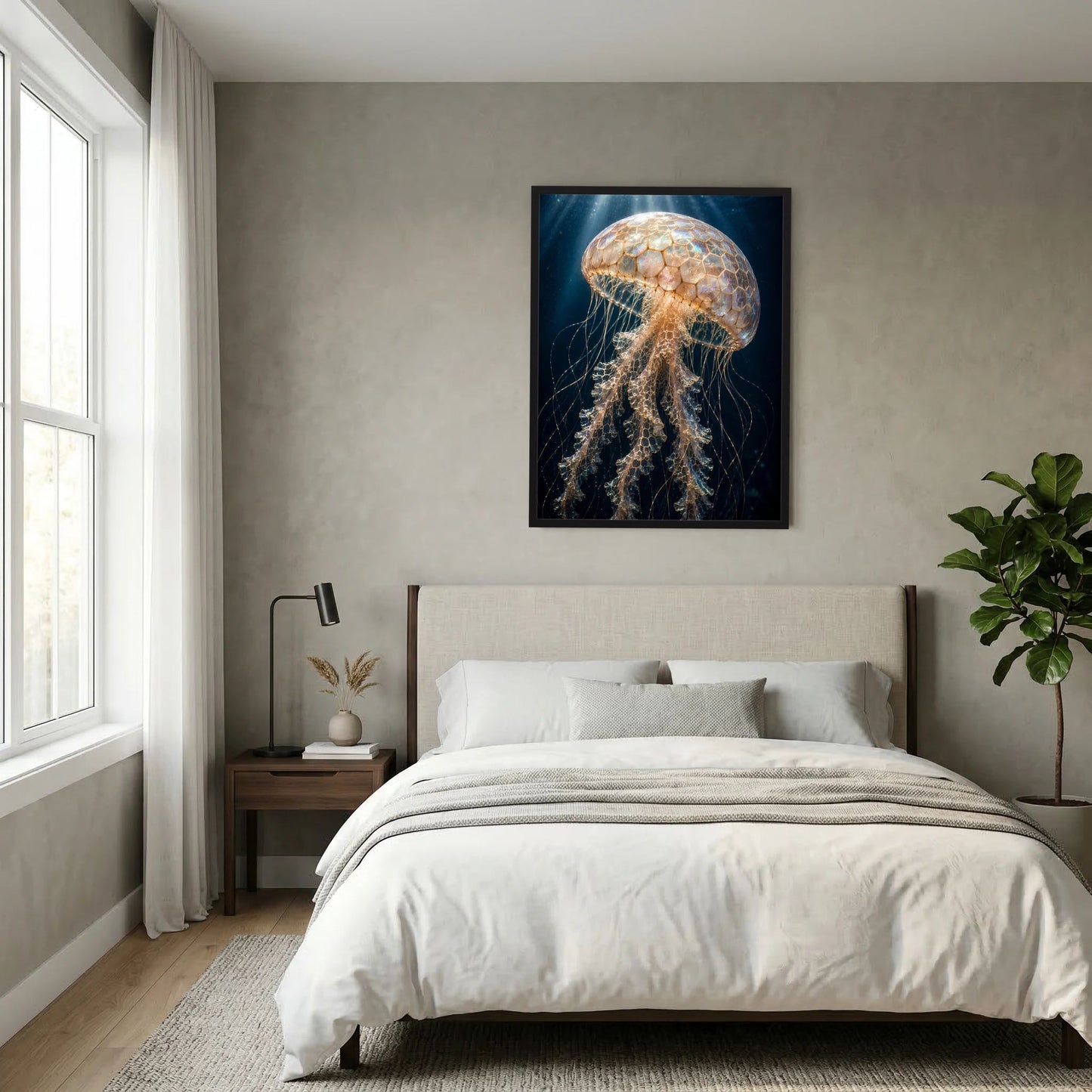 Gerahmtes Poster mit goldener Qualle im Hochformat, Tentakel auf dunklem Meeresgrund