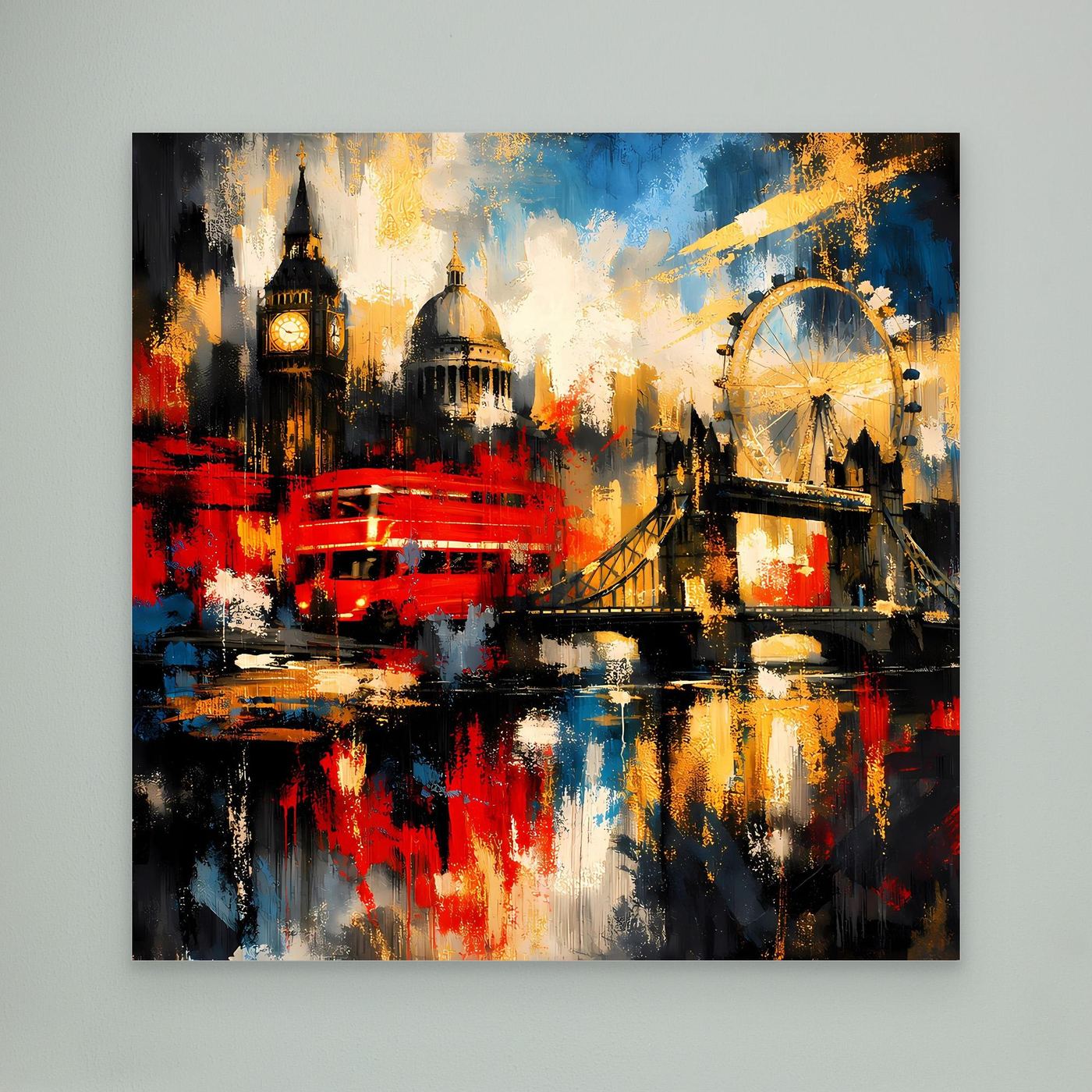Leinwandbild abstrakte London-Skyline, bunt mit rotem Bus, Riesenrad und Spiegelungen