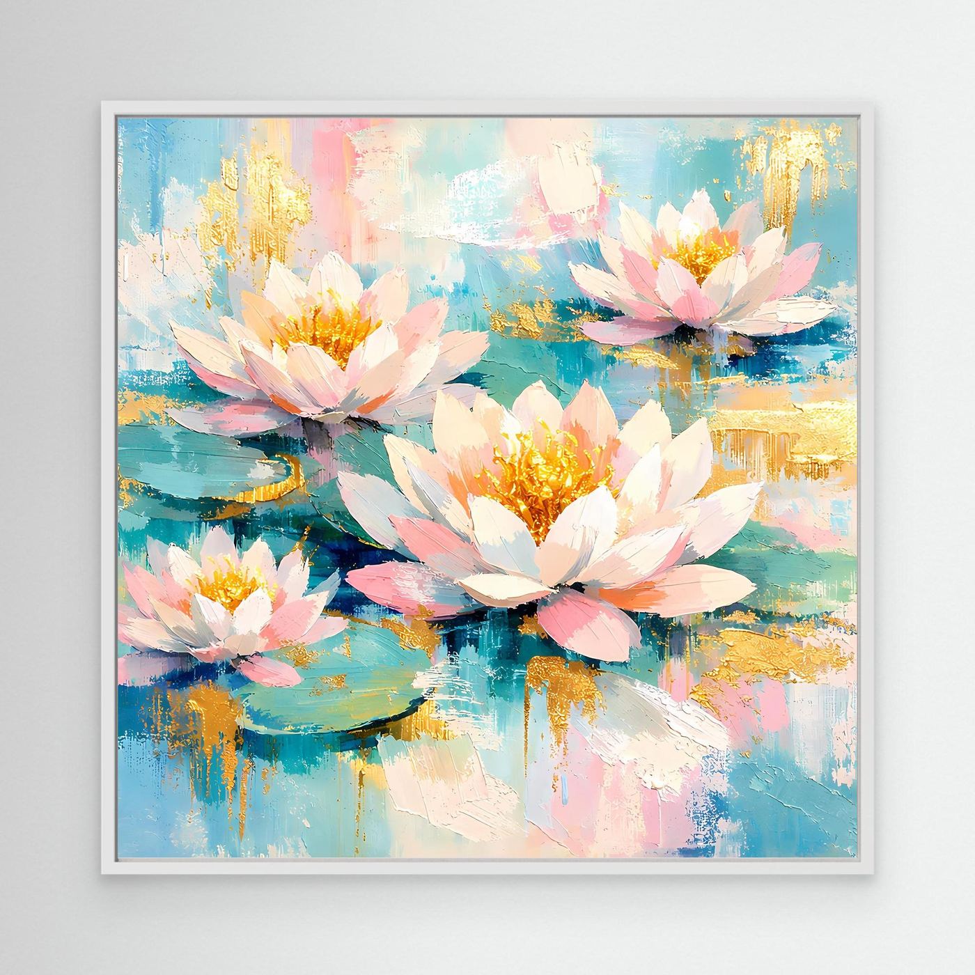 Leinwandbild Seerosen abstrakt mit weißem Rahmen, Blüten in Weiß und Rosa mit goldenen Akzenten