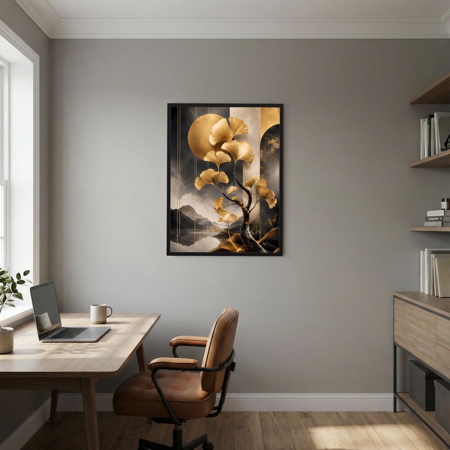 Vertikales Poster mit goldenem Ginkgobaum-Motiv in dunkler Landschaft, schwarzer Rahmen