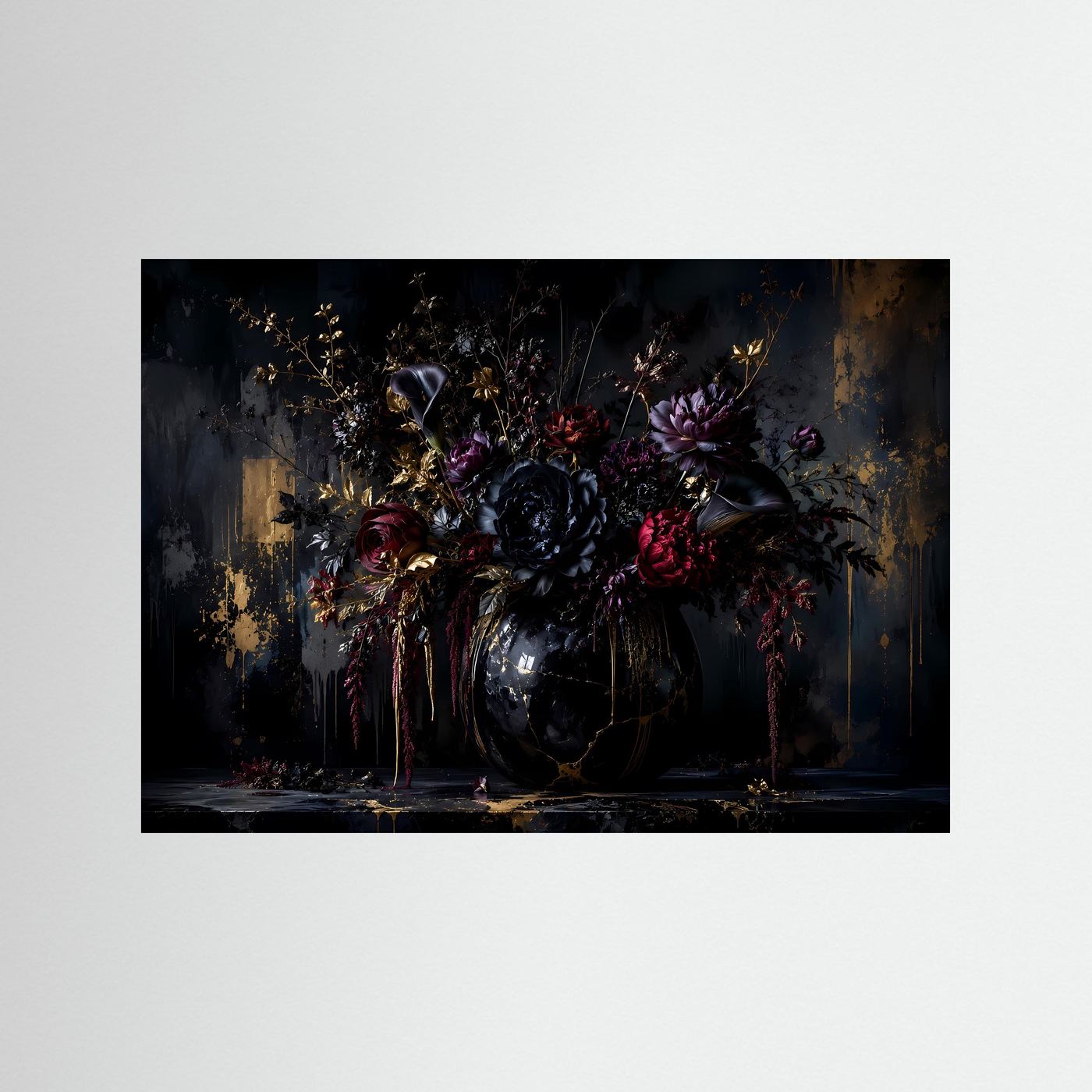 Dunkles Blumenarrangement in Gold & Schwarz | Luxuriöses Florales Wandbild Querformat