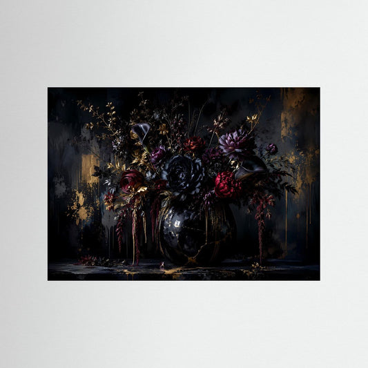 Wandbild mit dunklem Blumenarrangement in Gold und Schwarz, ohne sichtbaren Rahmen.
