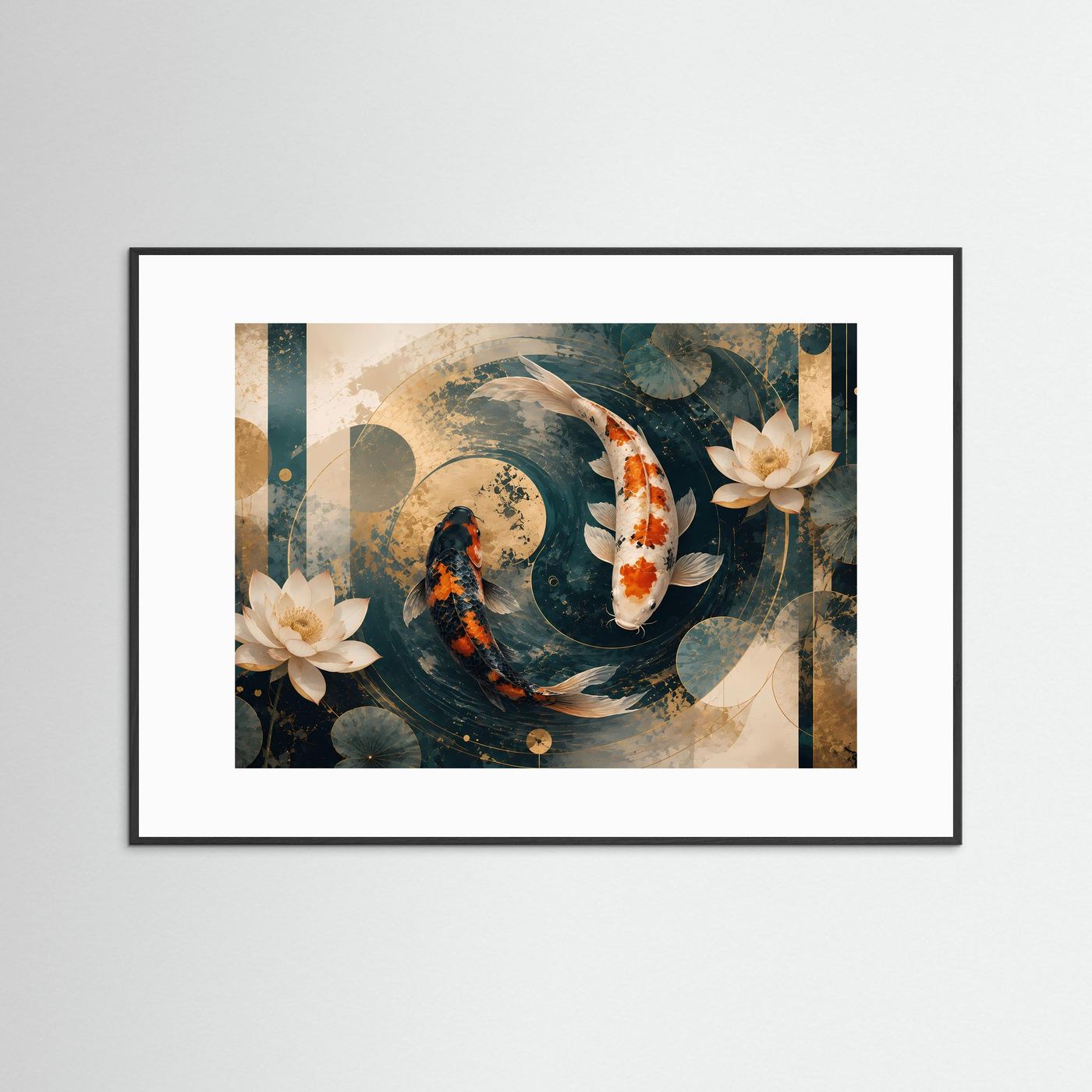 Koi Poster Querformat | Japanische Koi-Fische mit Lotusblüten in Petrol, Creme & Gold | Elegantes asiatisches Wandbild mit abstrakter Wasserlandschaft