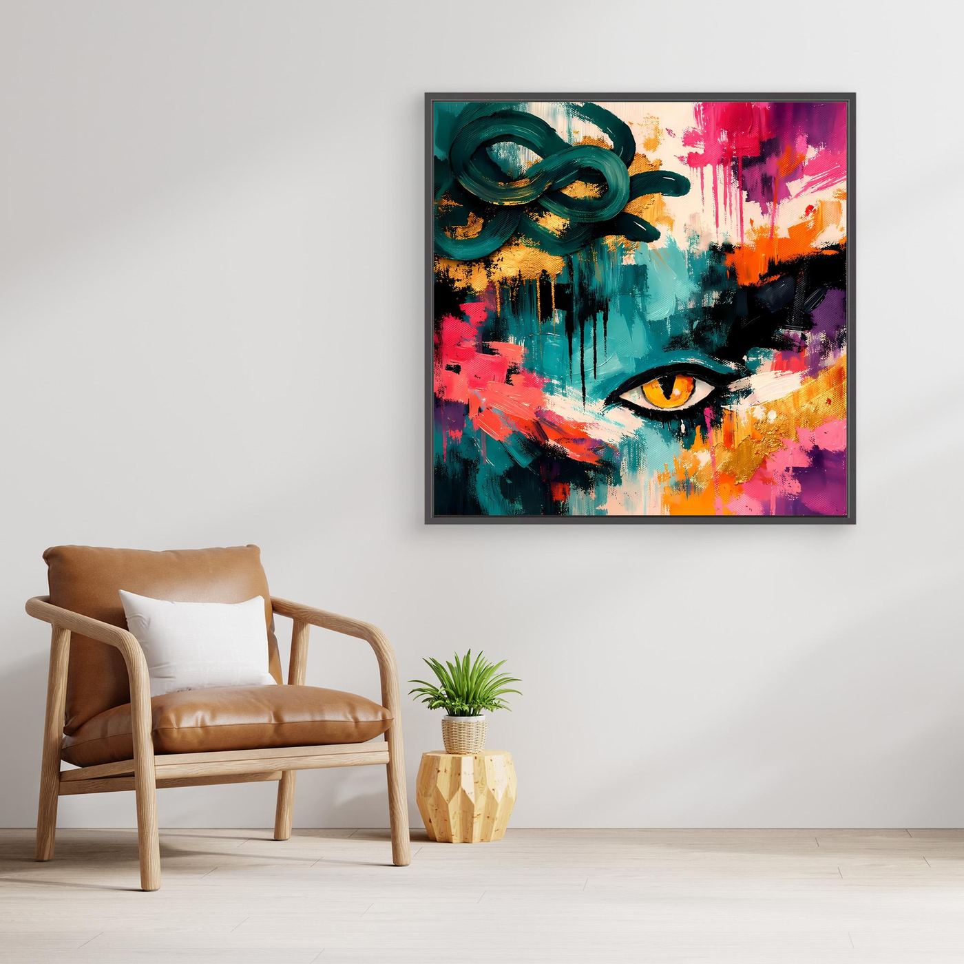 Abstraktes Wandbild mit Medusa-Auge in Türkis, Pink und Orange, Holzrahmen