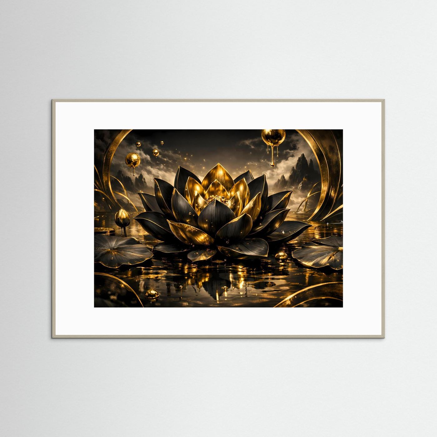 Wandbild: goldene Lotusblüte auf dunklem Wasser, Spiegelungen, hellbrauner Rahmen