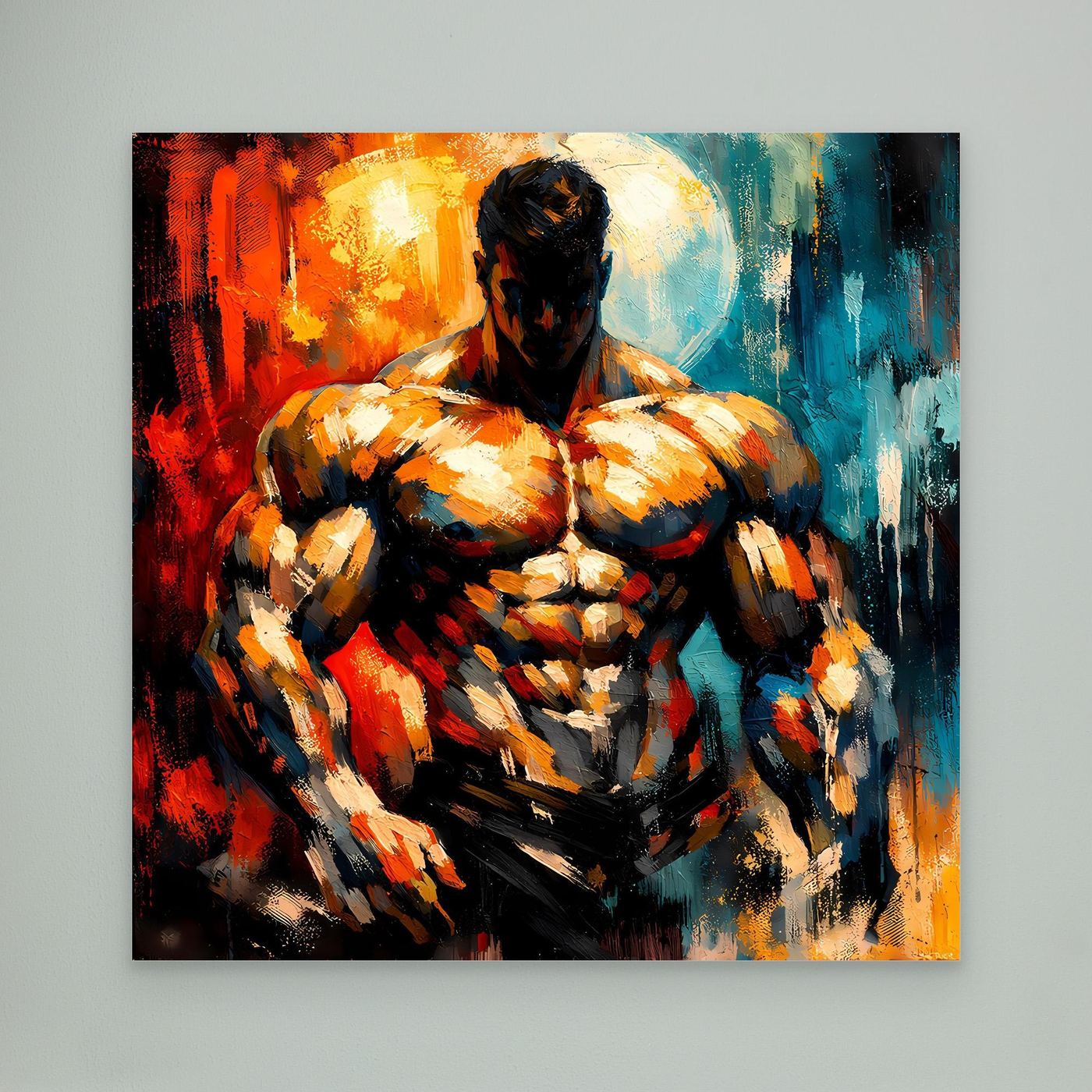 Leinwandbild mit abstraktem Bodybuilder, orange-blau, ohne sichtbaren Rahmen