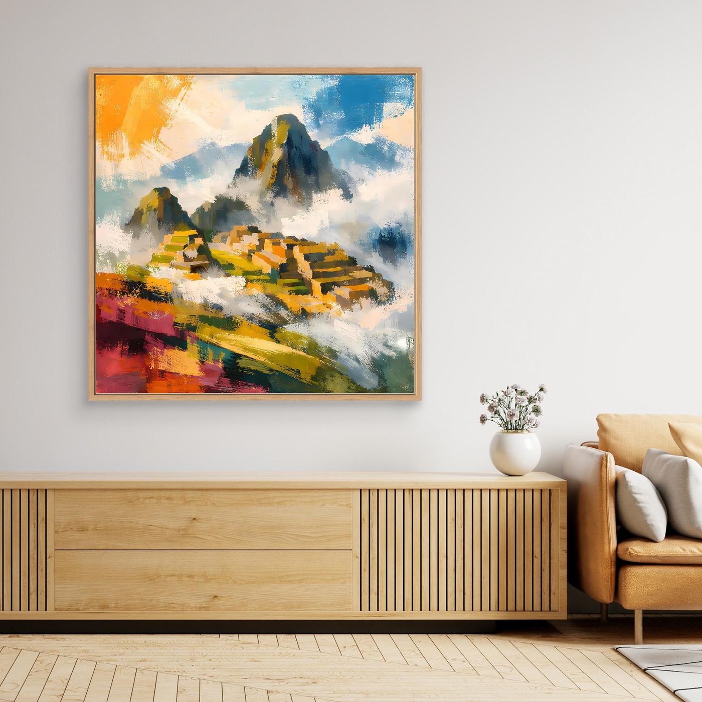 Quadratisches Leinwandwandbild mit abstrakter Inka-Berglandschaft, leuchtende Farben, mit Holzrahmen