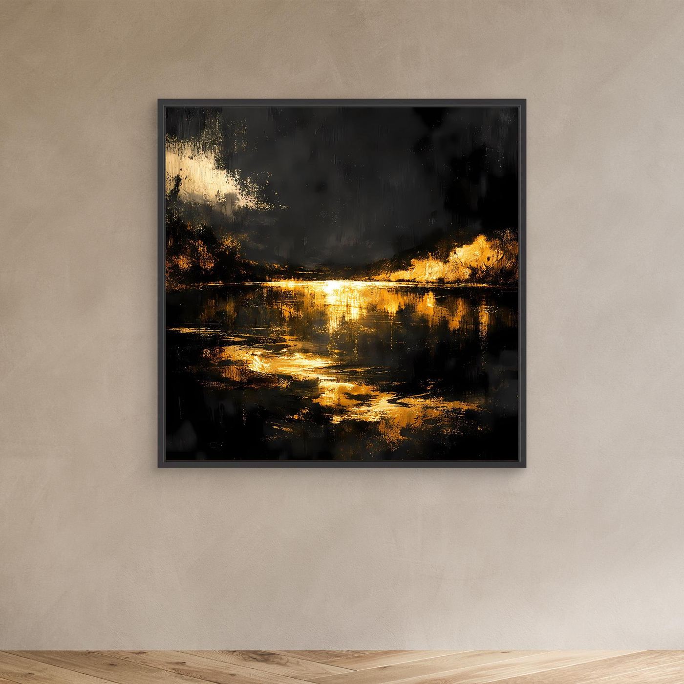 Leinwand Goldene Flusslandschaft bei Nacht | Abstraktes Natur Wandbild Moderne Kunst
