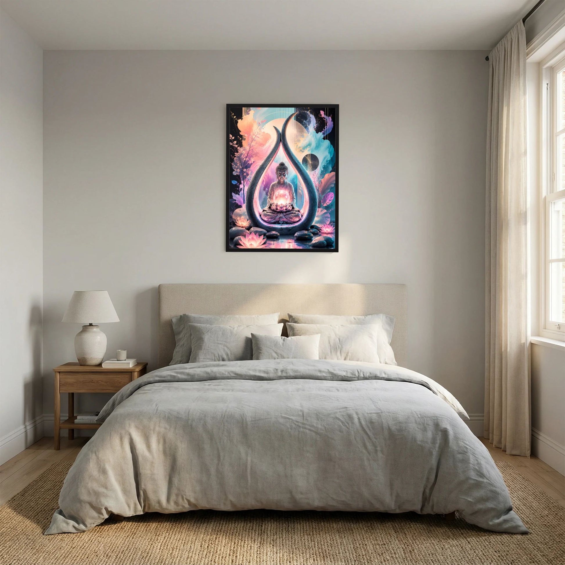 Hochformat-Poster mit Buddha im Tropfen und leuchtenden Lotusblüten, mehrfarbig, schwarz gerahmt