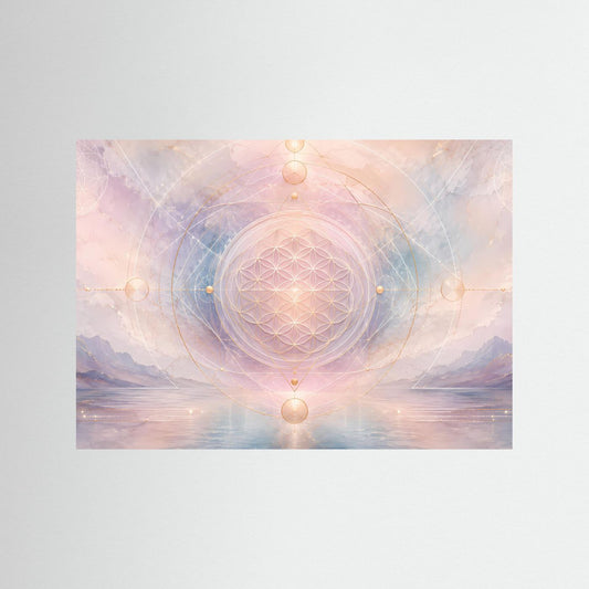 Poster mit Blume-des-Lebens-Mandala in Pastellrosa und Blau, kreisförmige Linien.
