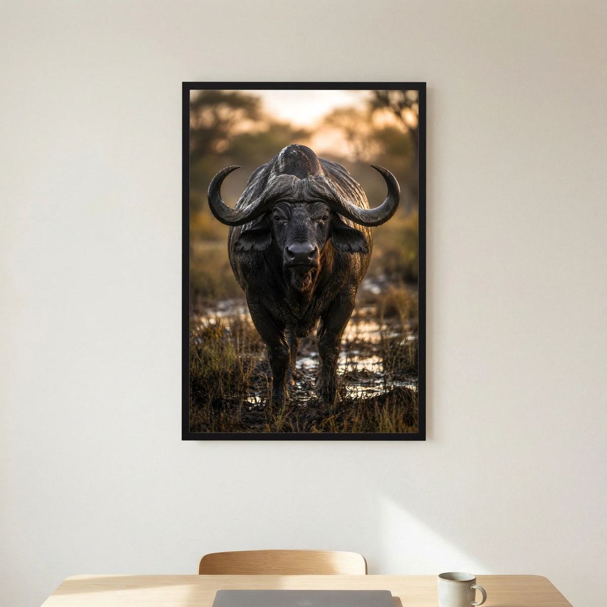 Tierposter mit Kaffernbüffel, schwarzer Rahmen, Hochformat an Wand