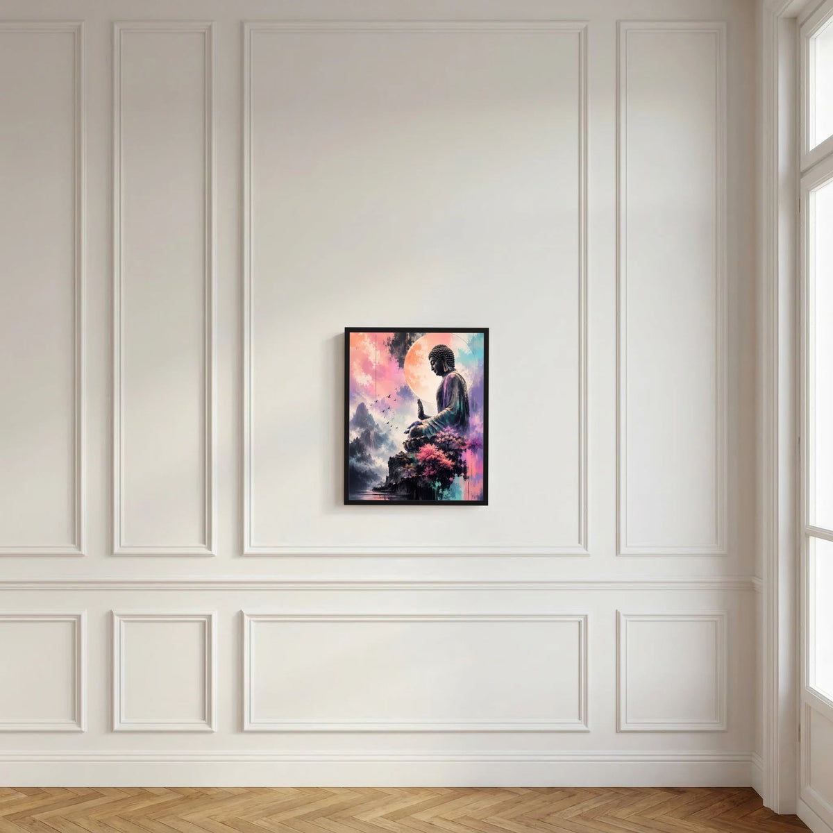 Gerahmtes Hochformat-Poster mit sitzendem Buddha, Berge und Kirschblüten im Pastell, schwarz