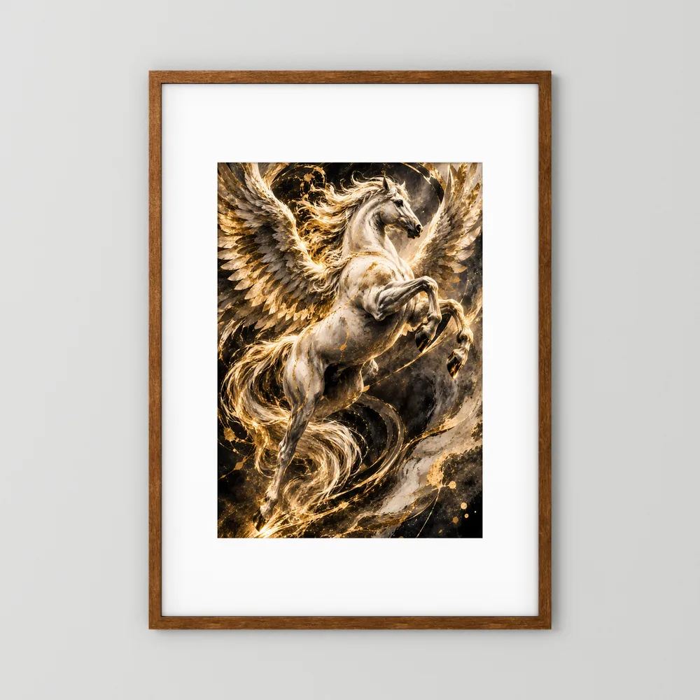 Hochformatiges Poster mit geflügeltem Pegasus in Weiß und Gold, brauner Holzrahmen
