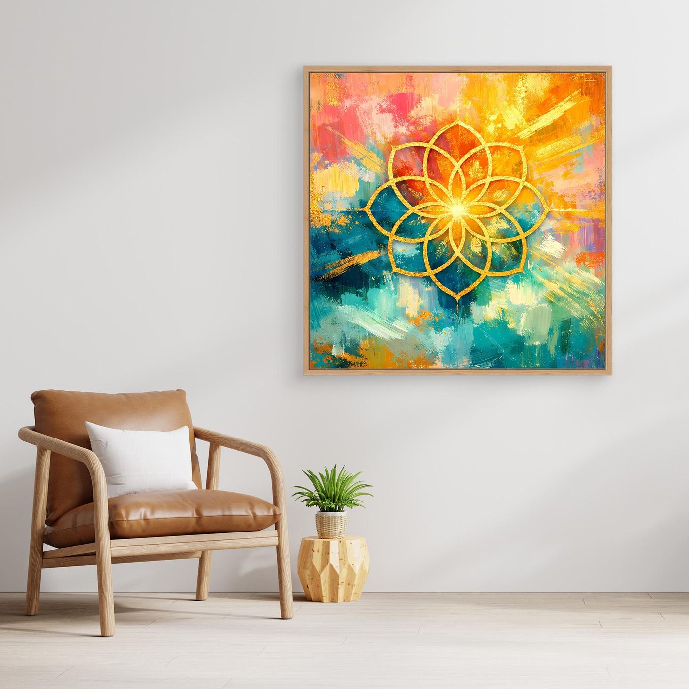 Leinwandbild Blume des Lebens mit Mandala, goldene Linien und Farbflecken, brauner Rahmen.