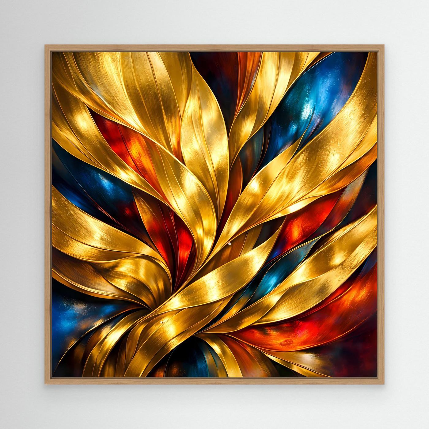 Leinwandbild mit abstraktem goldenen Wellenmotiv, Eichenrahmen, Rot- und Blautöne