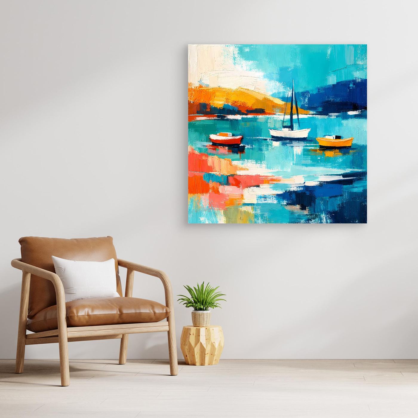 Abstract sailboat canvas wall art with teal, blue, and orange boats on calm water