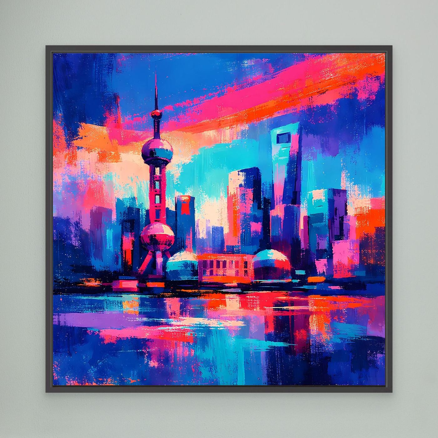 Wandbild mit abstrakter Neon-Stadtansicht und Reflexionen, schwarz gerahmt