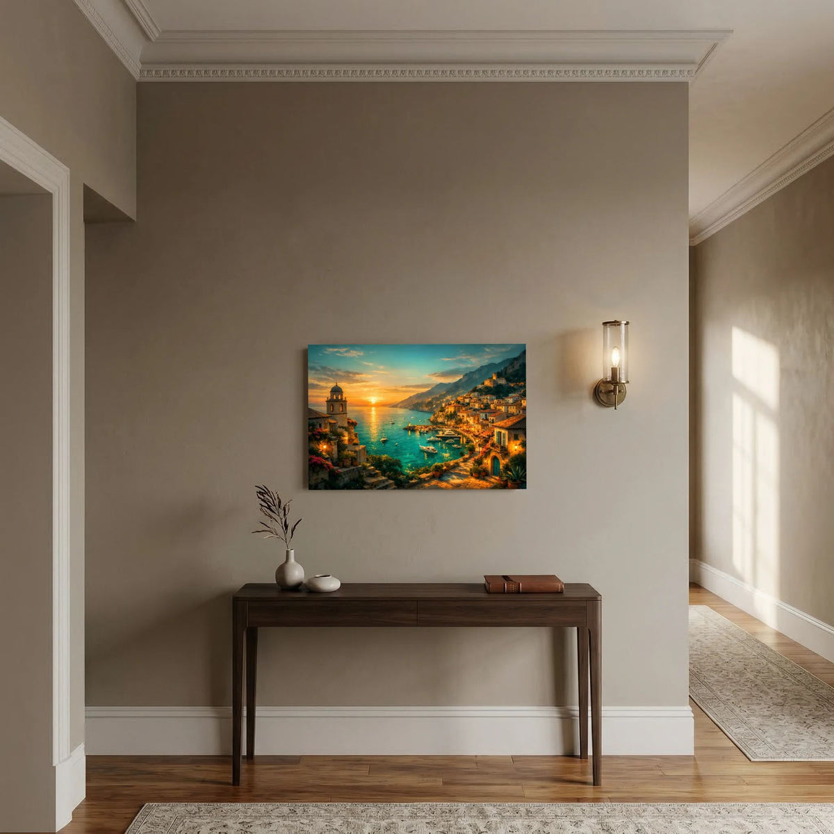 Poster mit Küstenstadt am Sonnenuntergang über dem Meer, Querformat