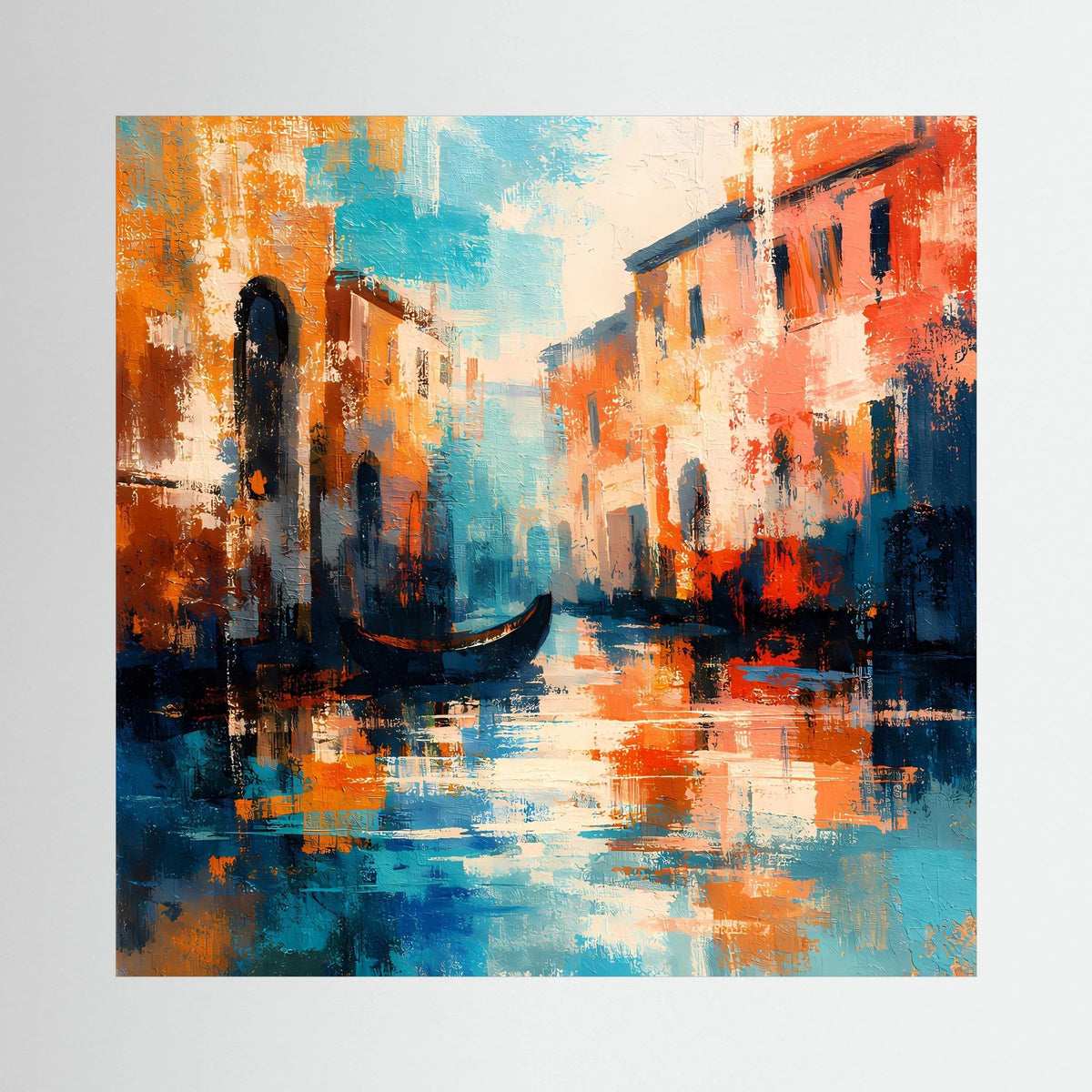 Abstraktes Leinwand-Wandbild mit Gondelmotiv, orange-blaues Farbenspiel im Reflexionswasser.