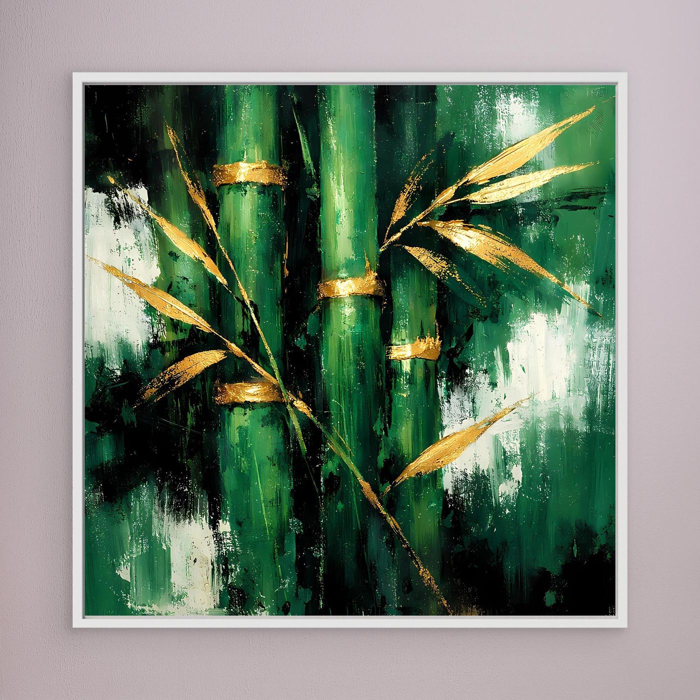 Leinwand Abstraktes Bambus Gemälde in Grün und Gold | Modernes Natur Wandbild