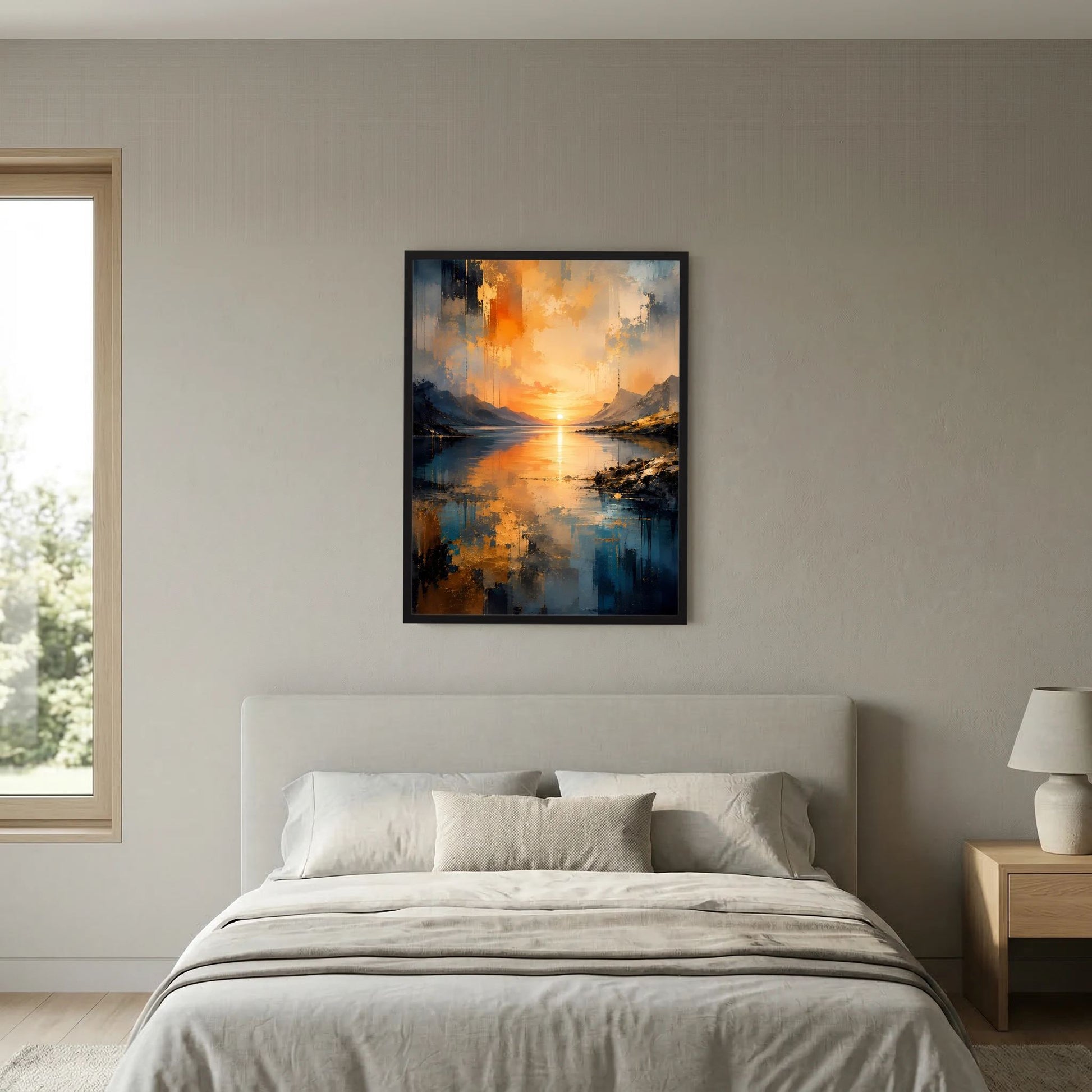 Poster in Hochformat mit abstrakter See- und Berglandschaft, orangefarbene Sonne und blaue Reflexe, gerahmt