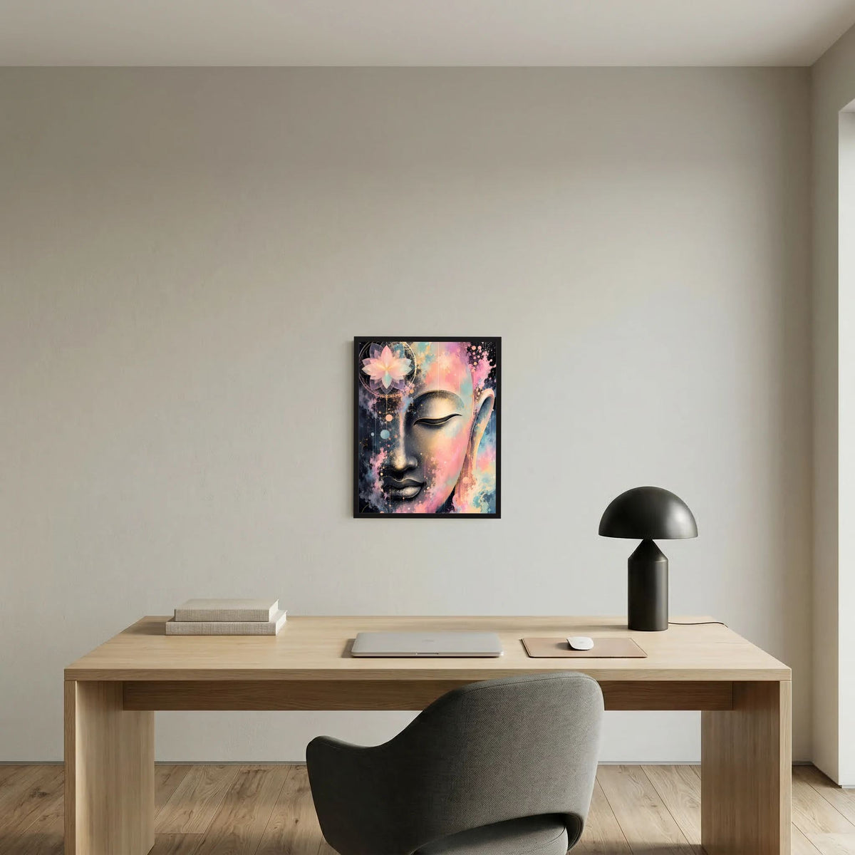 Buddha-Kunstposter im Hochformat im schwarzen Rahmen: abstraktes Gesicht in Pastell, Gold & Schwarz