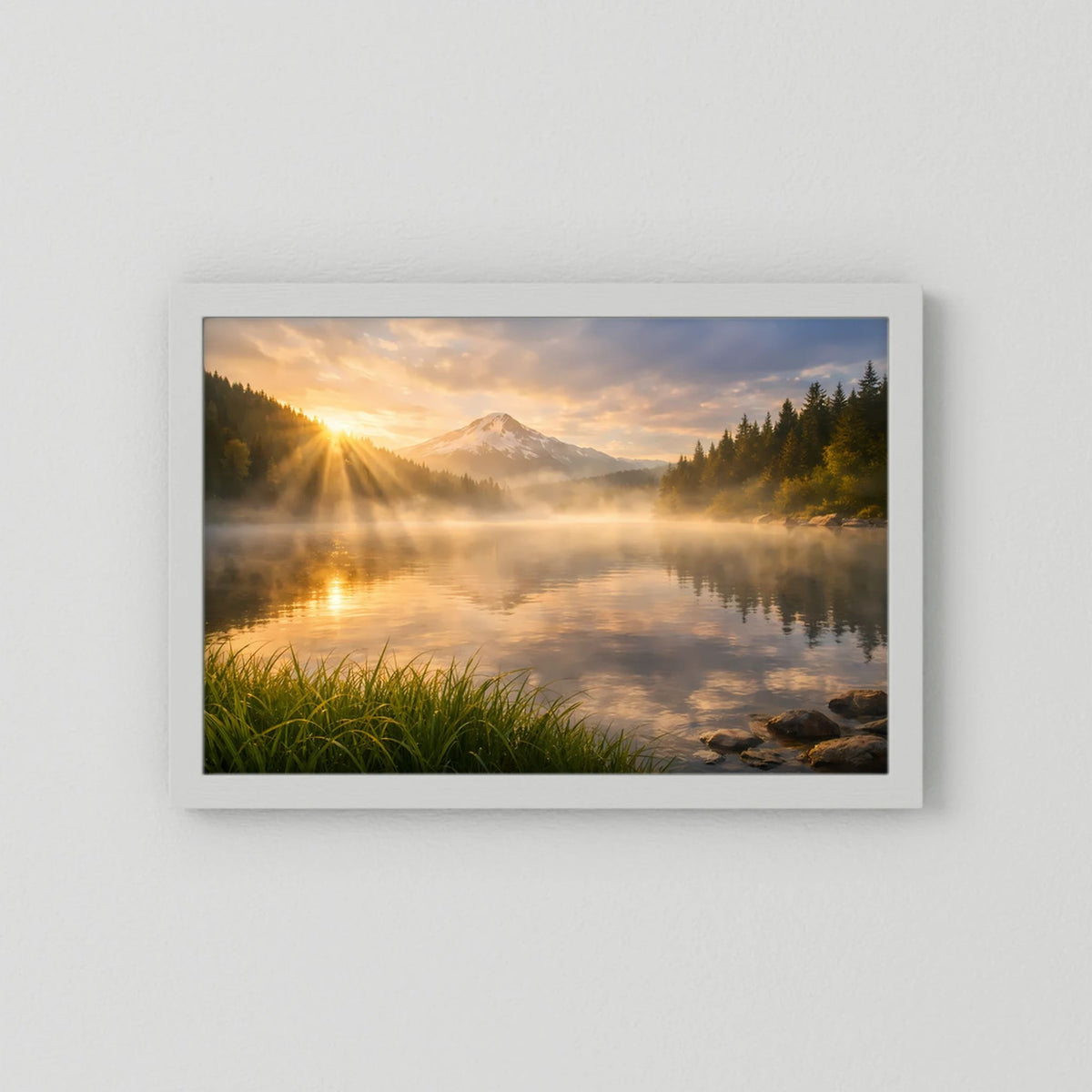 Querformatiges Wandbild mit weißem Rahmen: See, Berge, Nebel und Sonnenstrahlen