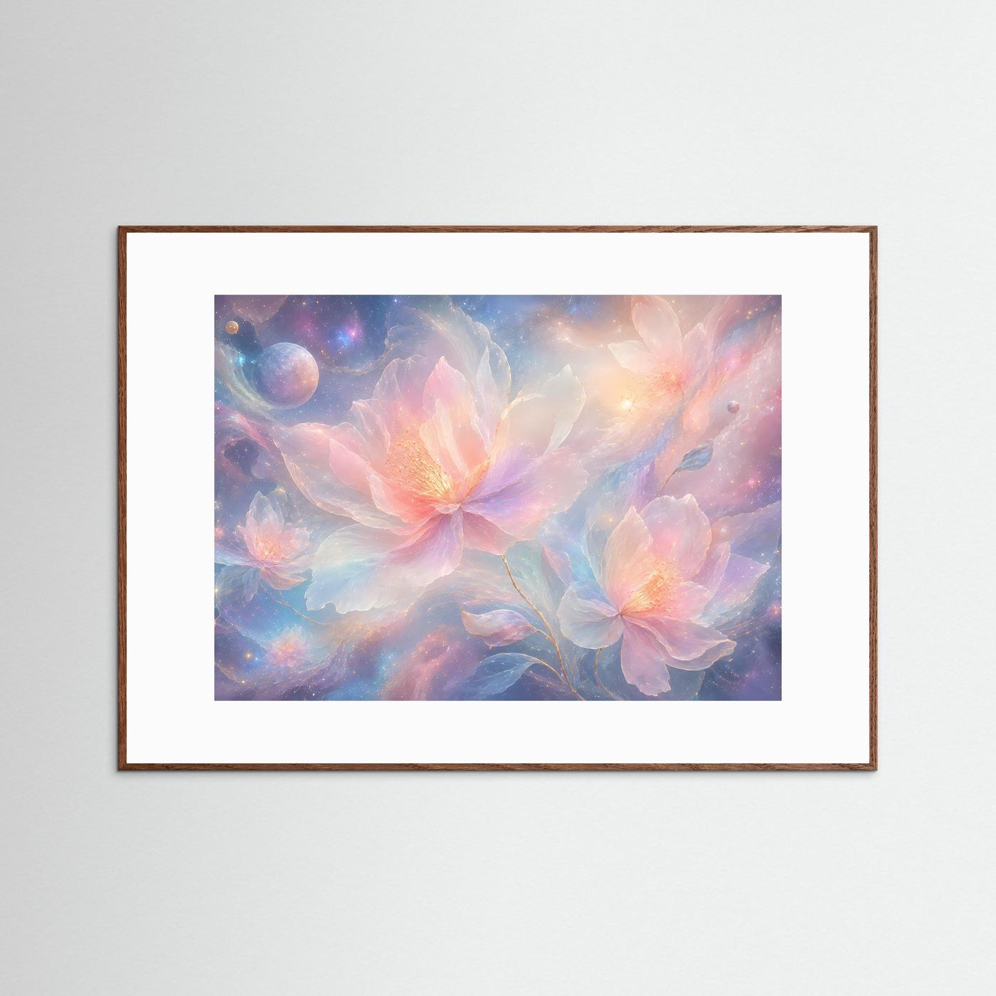 Kosmische Blumen Poster | Pastell Galaxy Wandkunst | Surreale Blumen mit Sternenhimmel | Modernes Fantasy Wandbild