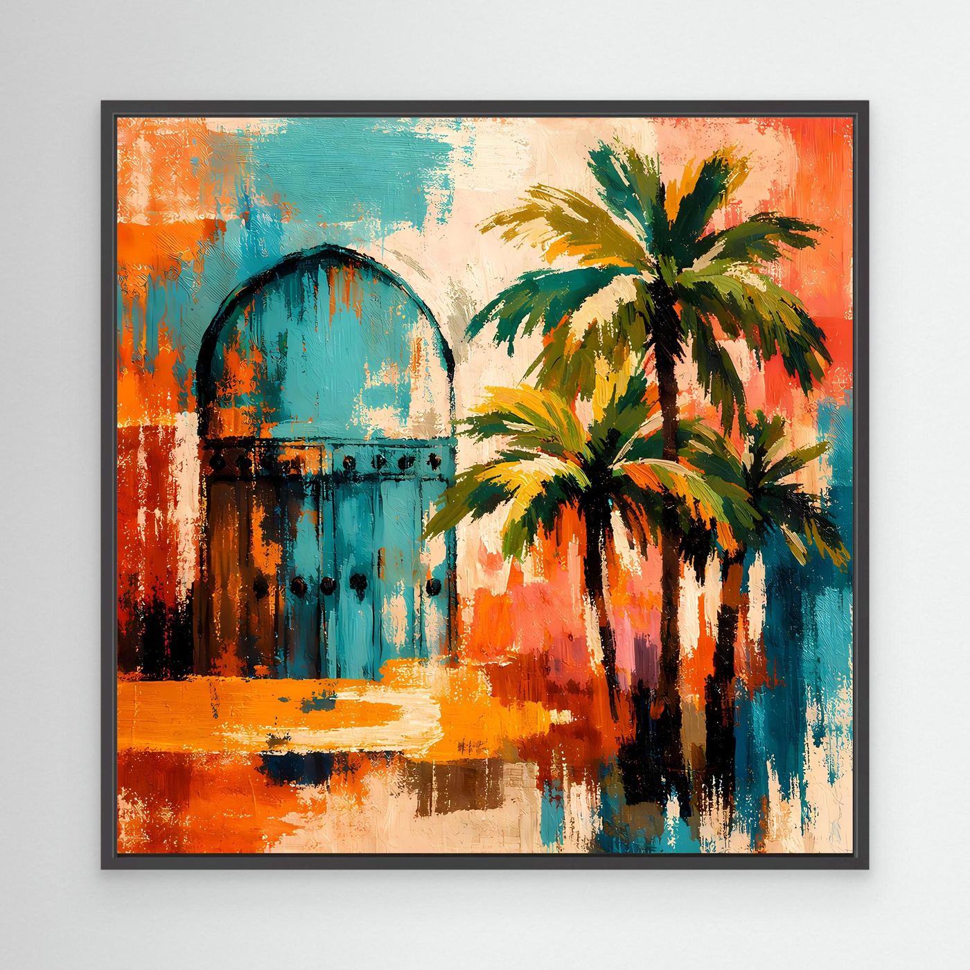 Leinwandbild mit abstraktem Tor und Palmen, mit schwarzem Rahmen, türkis, orange und grün
