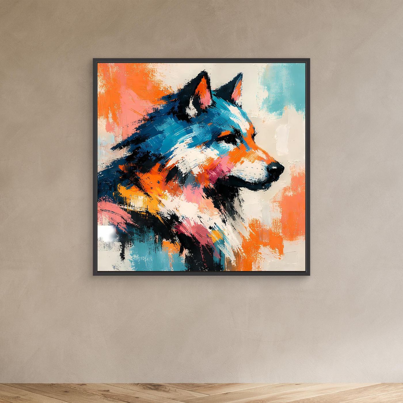 Leinwand-Wandbild mit abstraktem Wolfkopf in Pop-Art, orange-blau, schwarzer Rahmen