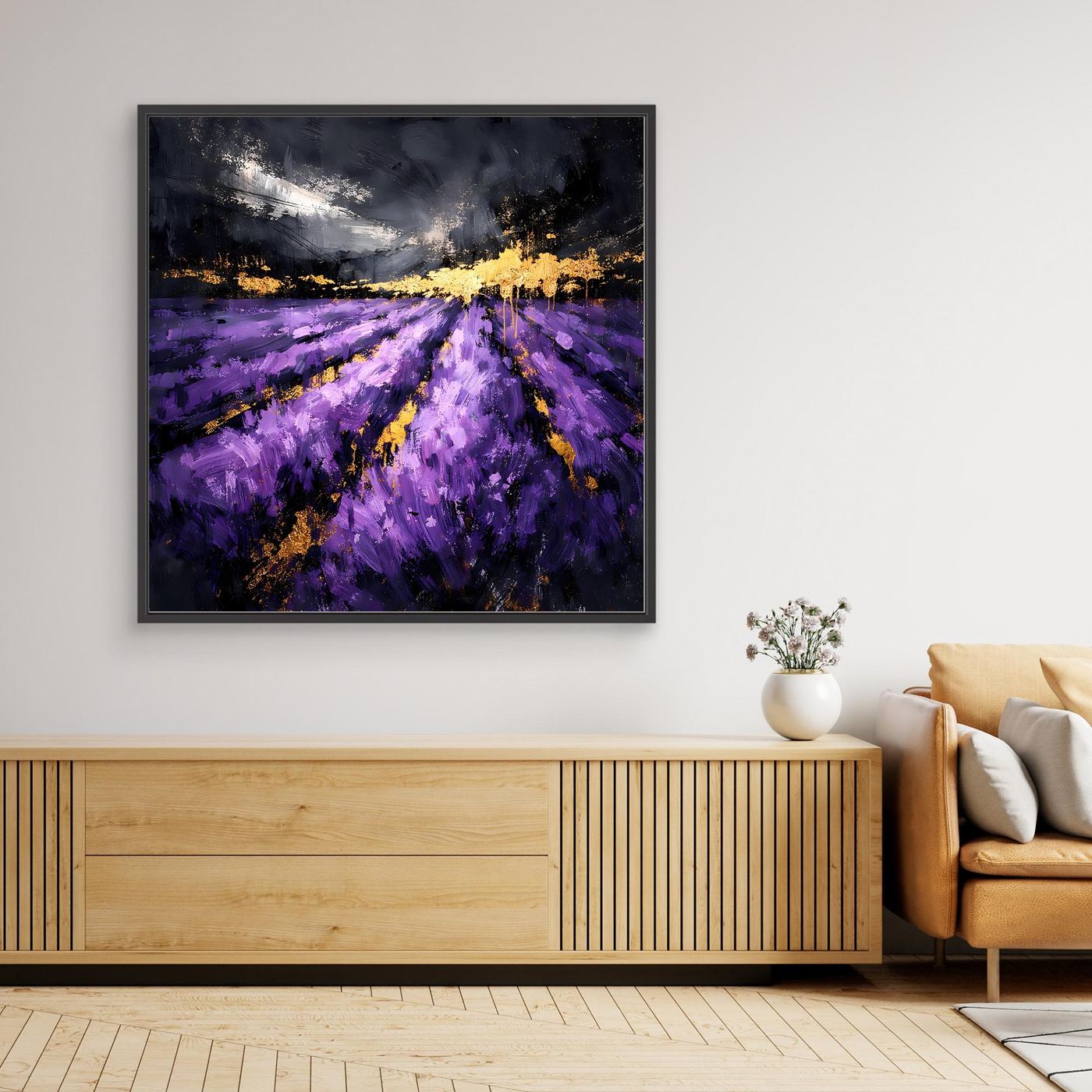 Leinwand Abstraktes Lavendelfeld in Lila und Gold | Modernes Natur Landschafts Wandbild