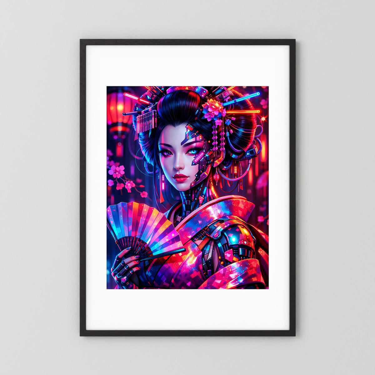 Neonkunst-Poster Cyber-Geisha, schwarzer Rahmen mit weißem Passepartout, Hochformat.