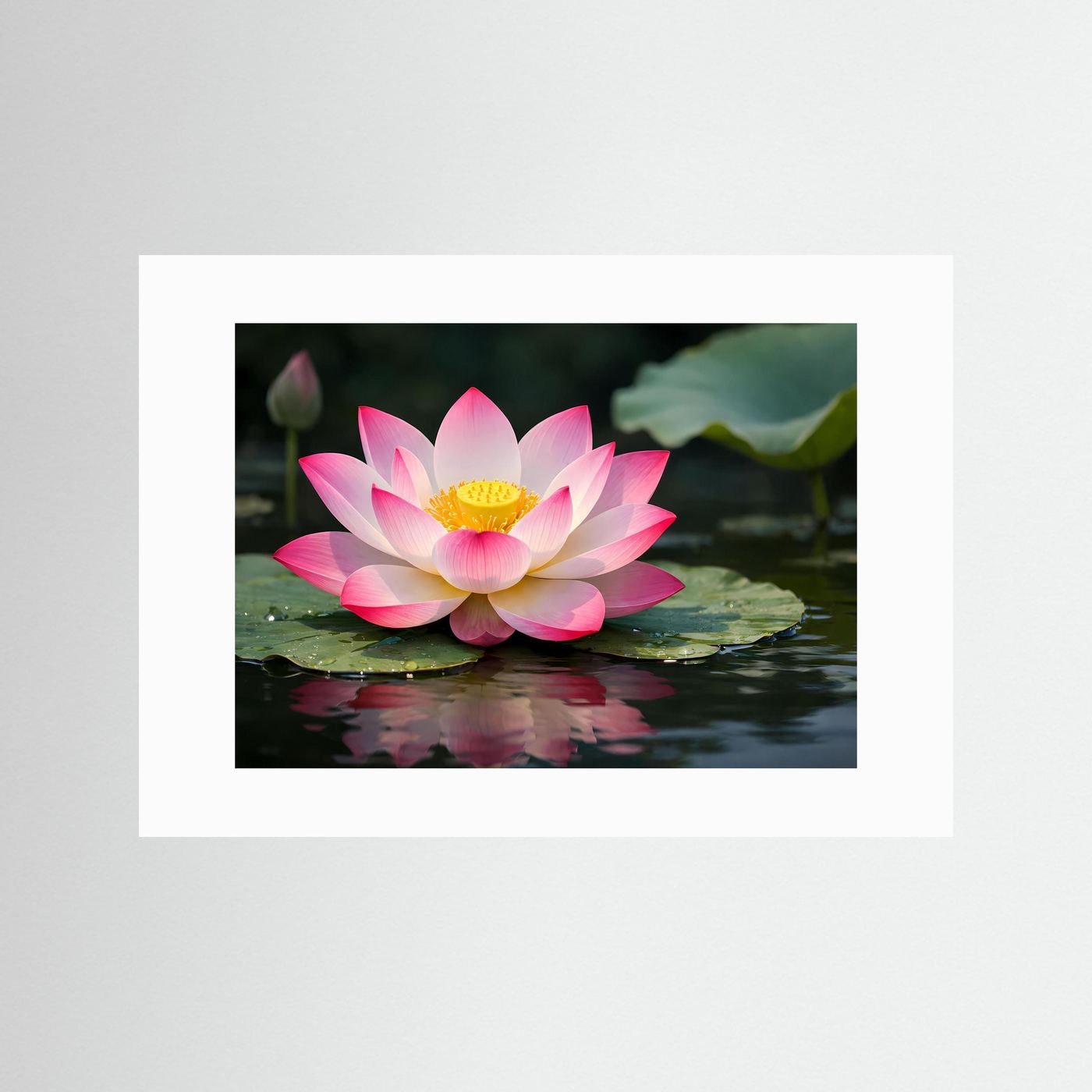 Poster im Querformat mit rosa Lotosblüte auf Wasseroberfläche, mit weißem Rand