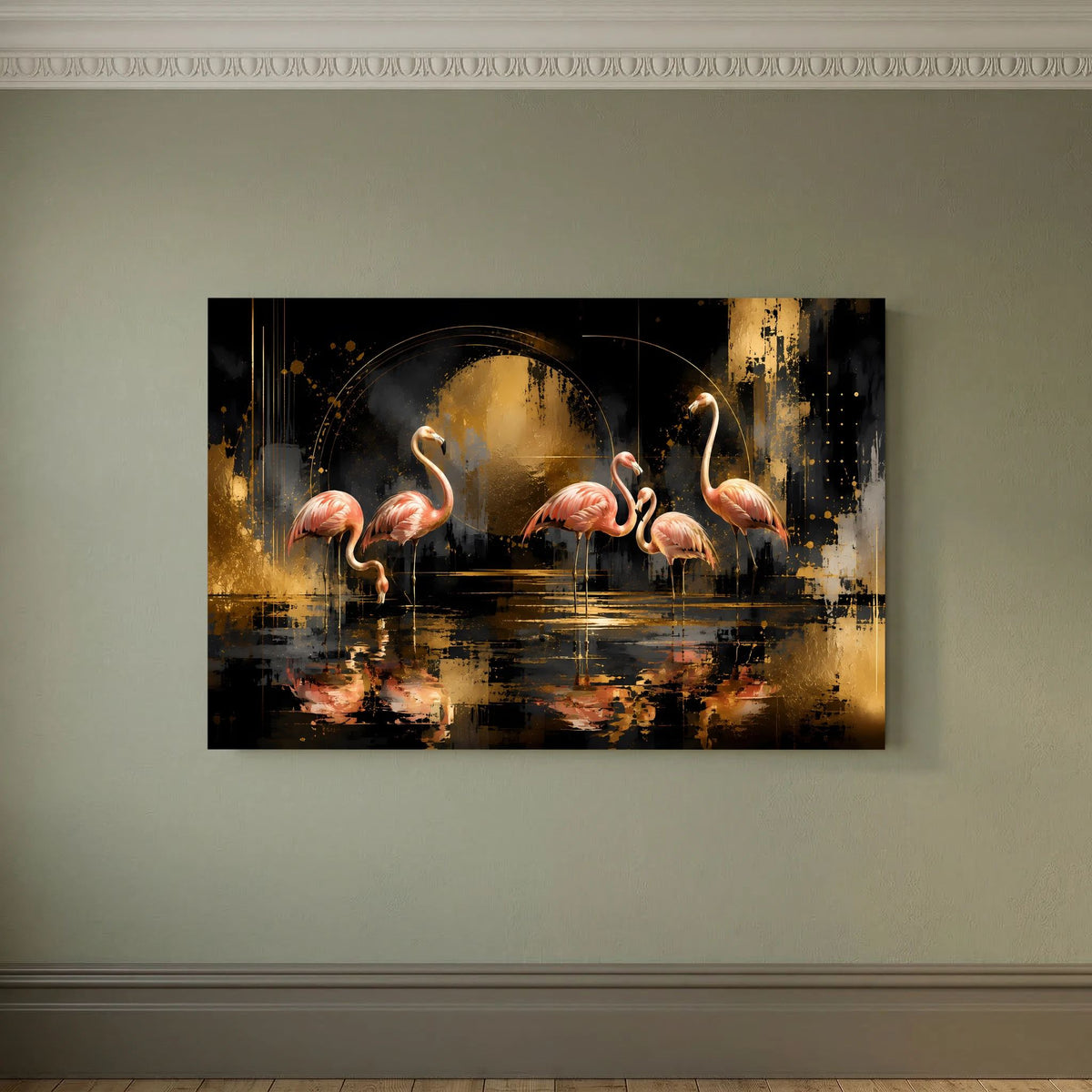 Poster mit abstrakten Flamingos in Rosa, Schwarz und Gold im Raum