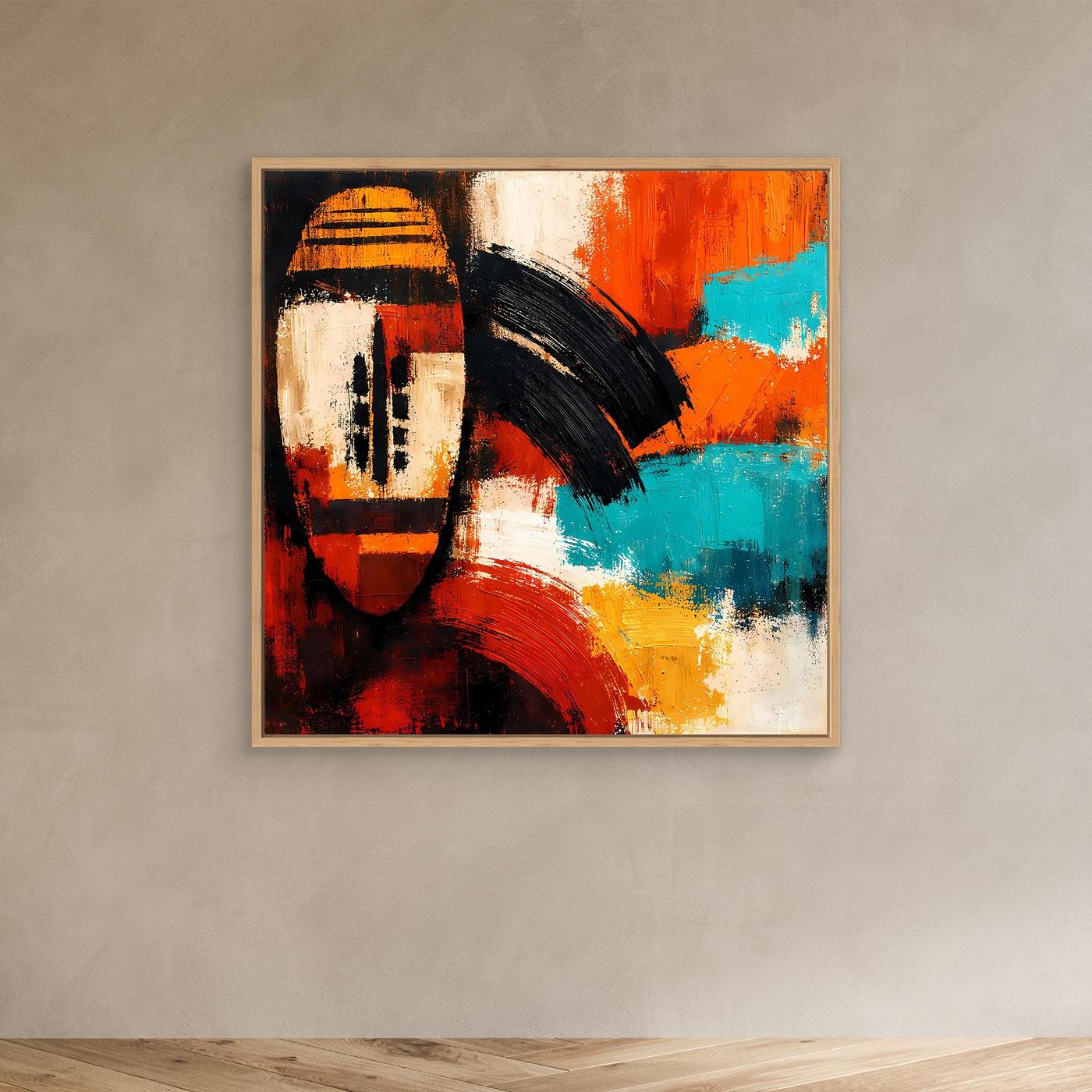 Abstract canvas wall art of an African mask in red, orange, teal and white tones in light wood frame