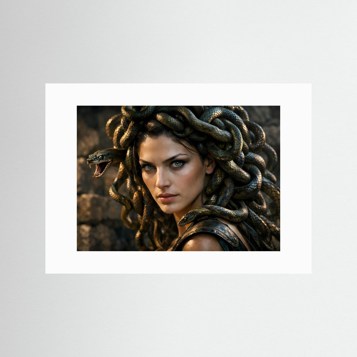 Mythologie-Poster mit Medusa-Porträt, weißer Rand, Schlangenhaar im Detail