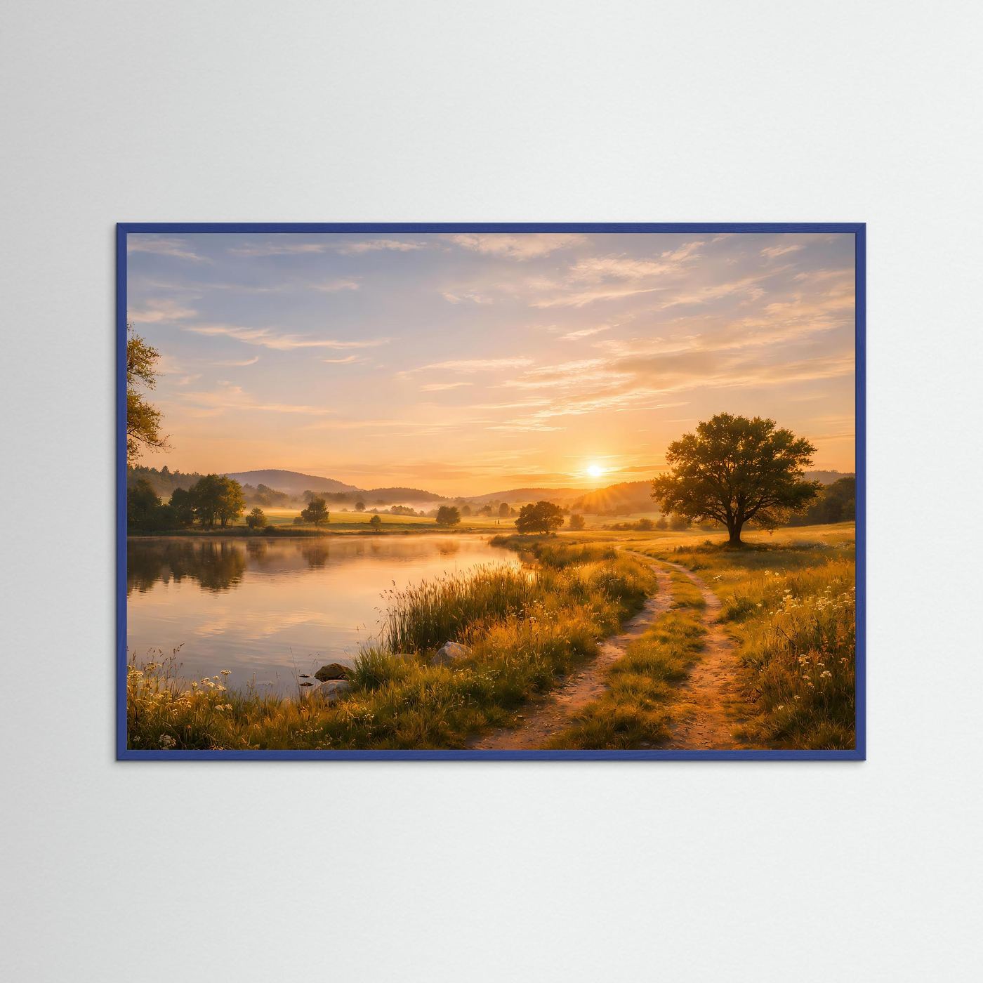 Natur-Poster mit Flusslauf und Sonnenaufgang, Querformat, blauer Holzrahmen