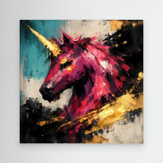 Leinwandbild mit pinkem Einhorn, goldenen Akzenten und schwarzem Pinselauftrag, ohne sichtbaren Rahmen