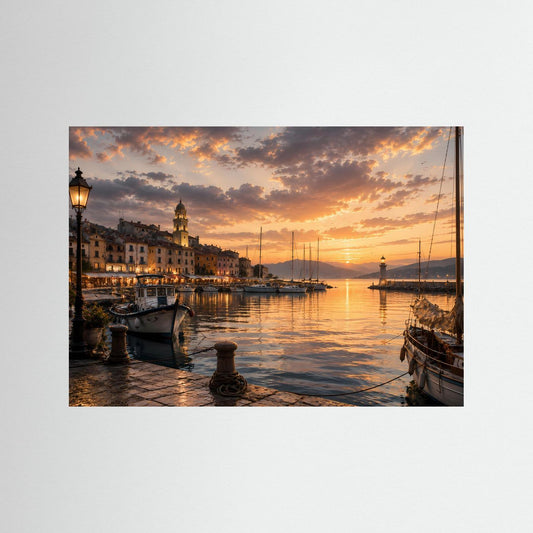 Querformat-Poster mit Hafenmotiv bei Sonnenuntergang, ohne Rahmen