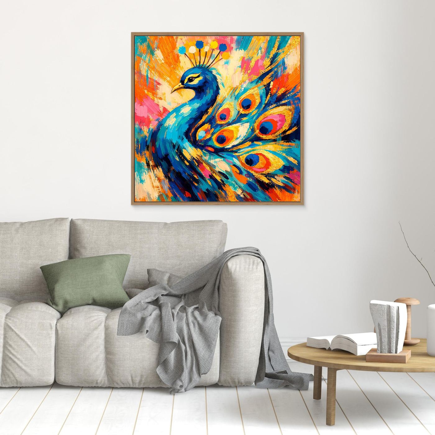 Leinwandbild mit braunem Rahmen: kleines abstraktes Pfau-Motiv in Blau, Orange und Gelb
