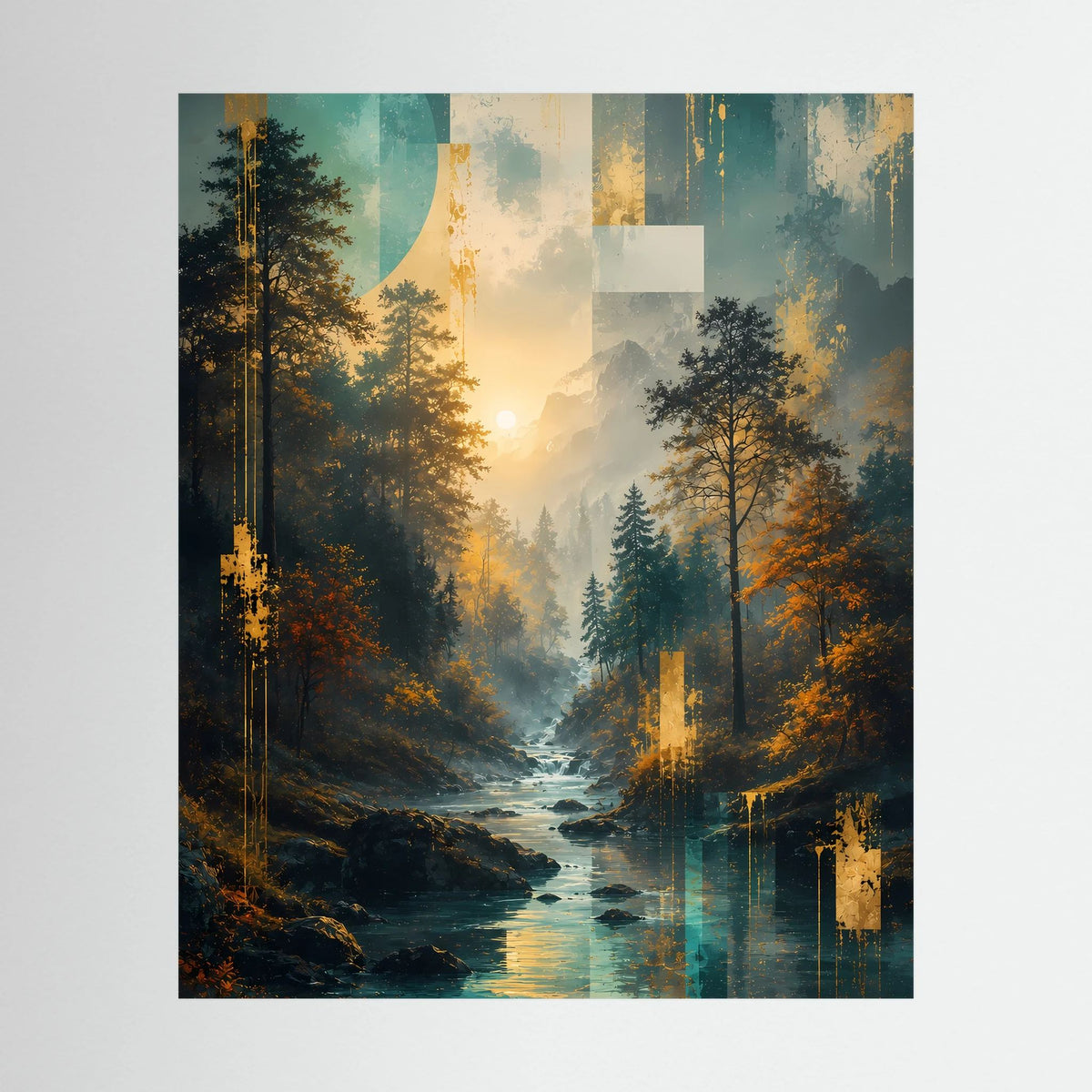 Poster mit Wald und Fluss, abstraktem Lichtspiel und goldenem Sonnenaufgang