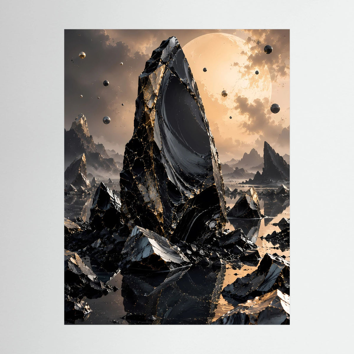 Nahaufnahme Poster: schwarzer Felsmonolith mit goldenen Partikeln und Wolkenhimmel