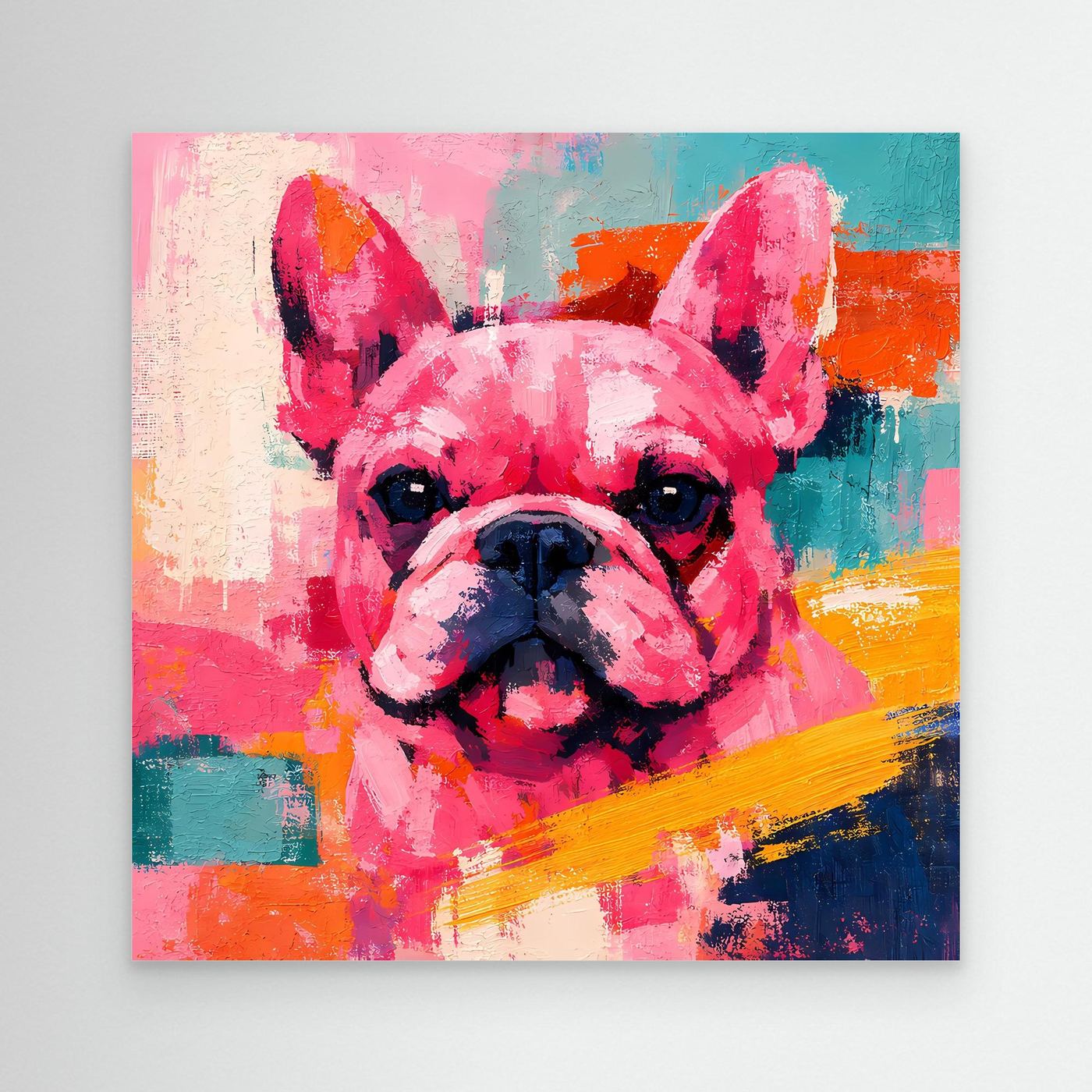 Farbenfrohes Leinwand-Wandbild mit Porträt einer Französischen Bulldogge, ohne Rahmen