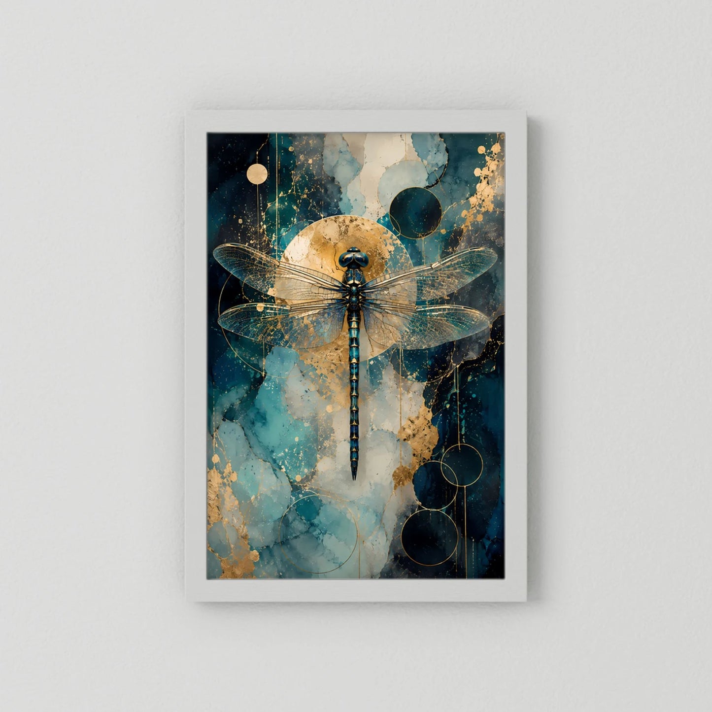 Poster ohne Rahmen mit abstrakter Libelle in Petrol, Blau und Gold