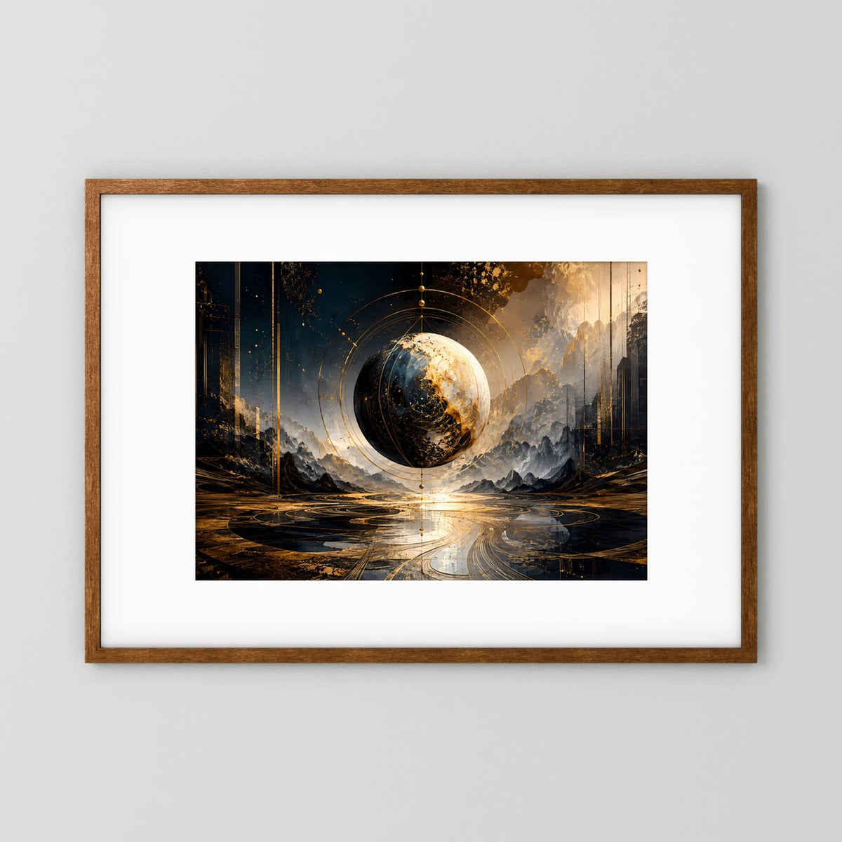 Gerahmtes Poster (dunkles Eichenholz): abstrakte Weltkugel mit goldener Leuchte und Skyline