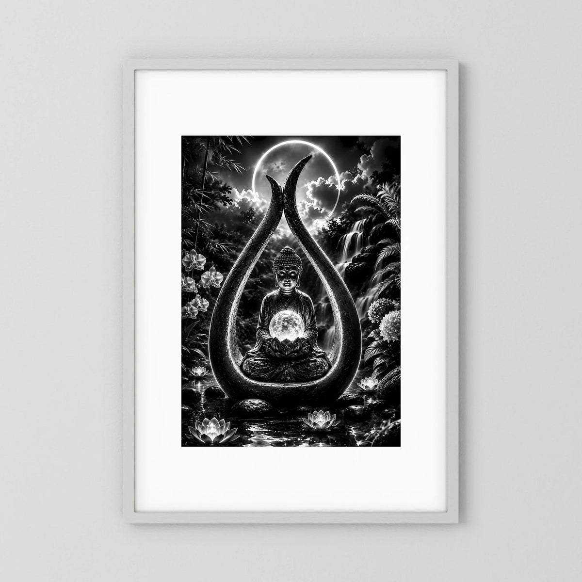 Hochformatiges schwarzweißes Zen-Poster mit sitzendem Buddha im Tropfenmotiv, Mond hinterlegt