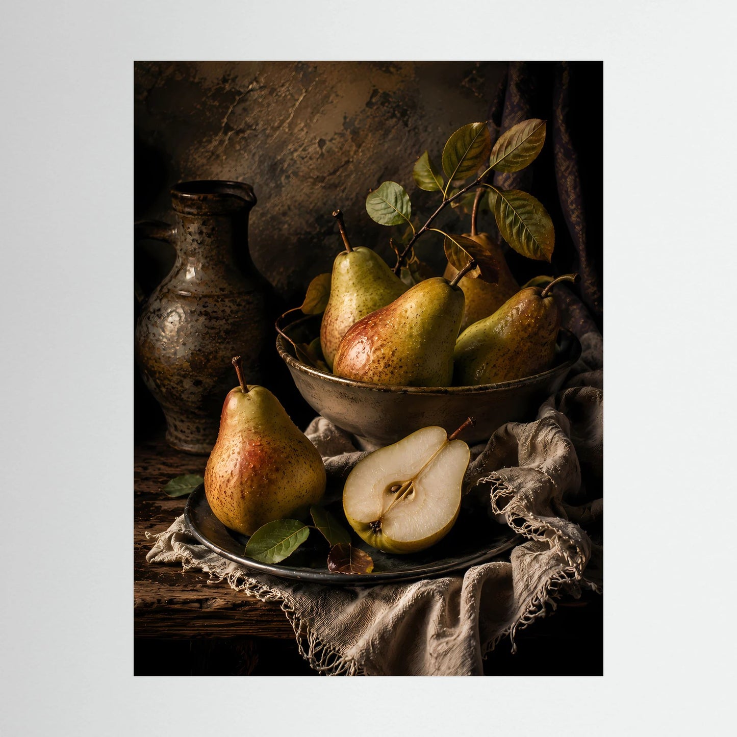 Nahansicht Stillleben-Poster mit Birnen, Vase und Stofftuch, warme Herbsttöne