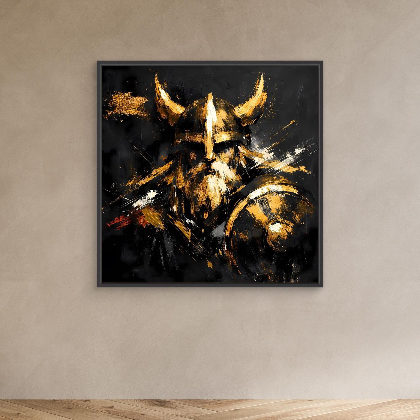 Leinwand Goldener Wikinger mit Schild | Abstraktes Nordmann Wandbild Modern