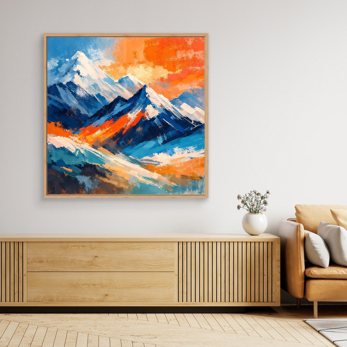 Abstraktes Leinwand-Berggemälde mit goldfarbenem Rahmen in Blau, Orange und Weiß