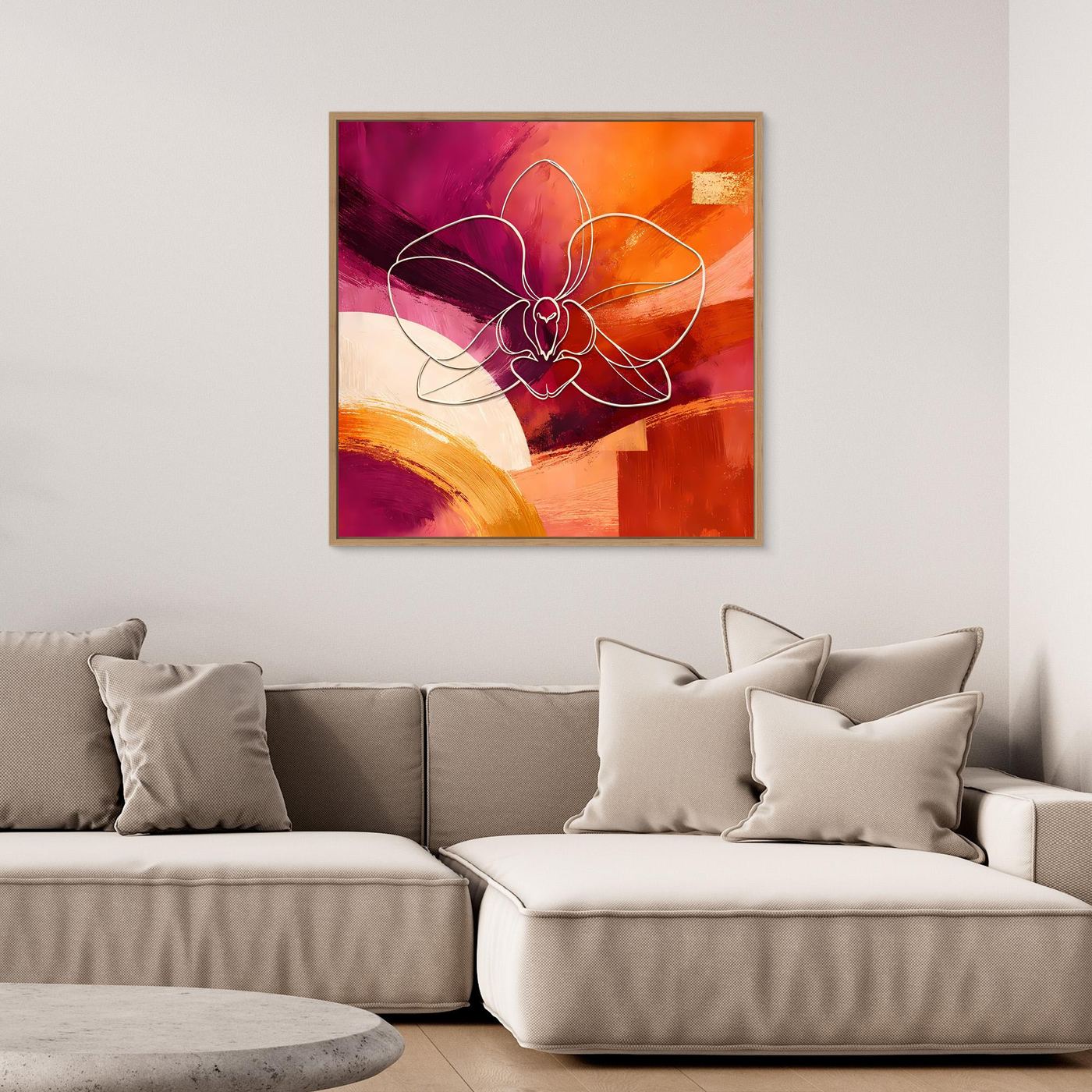 Abstraktes Leinwandbild mit Orchidee in Lila und Orange, im Rahmen